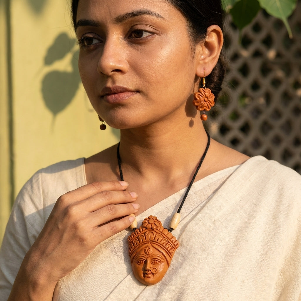 Terracotta Goddess Pendant Necklace — Hand-Sculpted Clay Devi Face