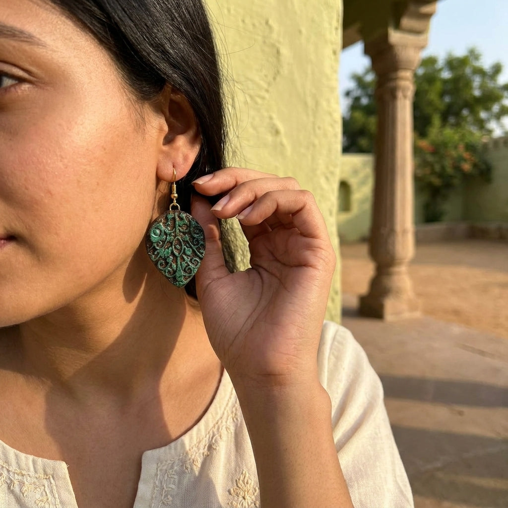 Terracotta Drop Earrings — Filigree Carved Clay Disc with Gold Hooks