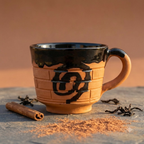 Terracotta Coffee Cup — Black Glazed Clay Cup with Engraved Spiral Motif