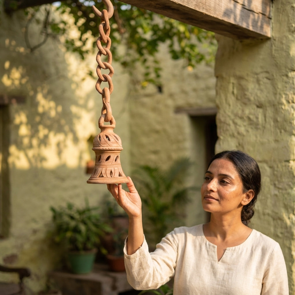 Terracotta Hanging Bulb Holder — Hand-Carved Clay Pendant with Chain & S-Hook