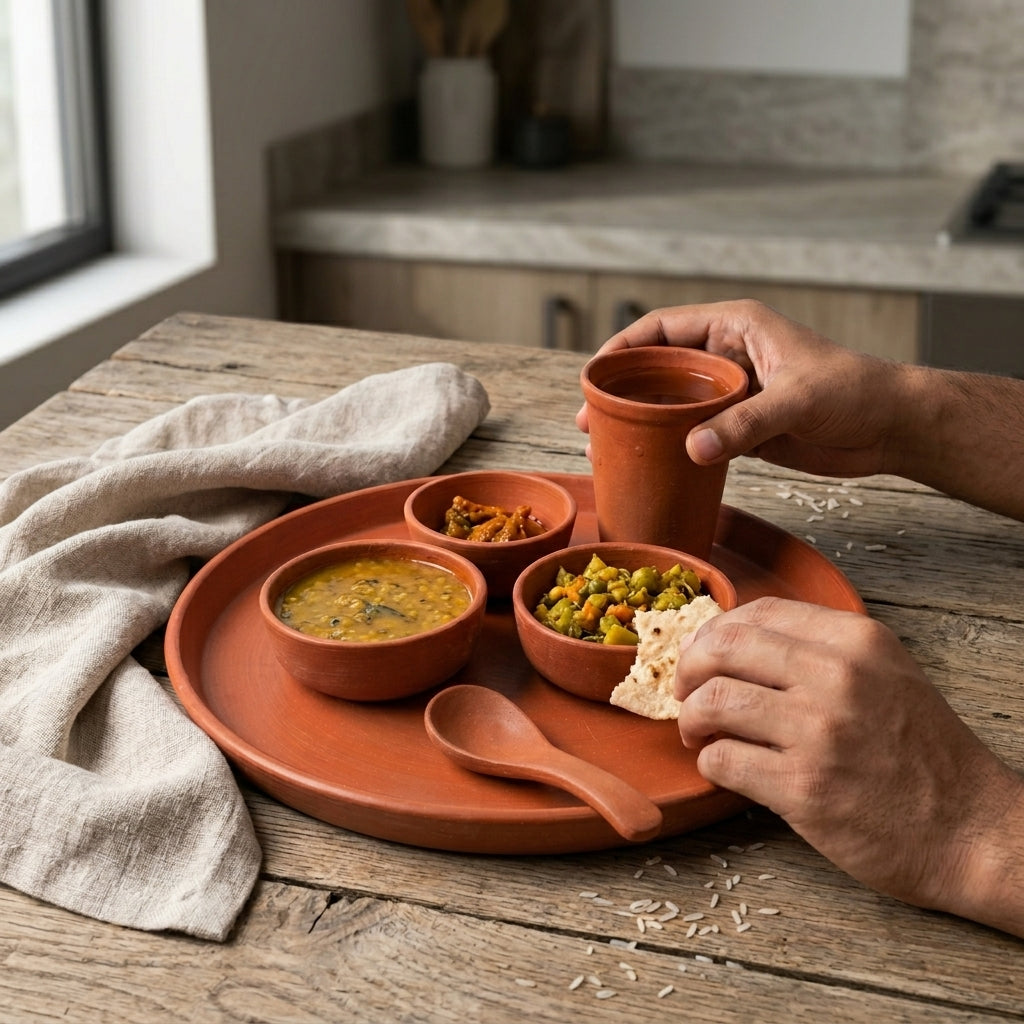Handcrafted Terracotta Dining Set — Clay Dinner Plate Set with Bowls, Cup & Spoon