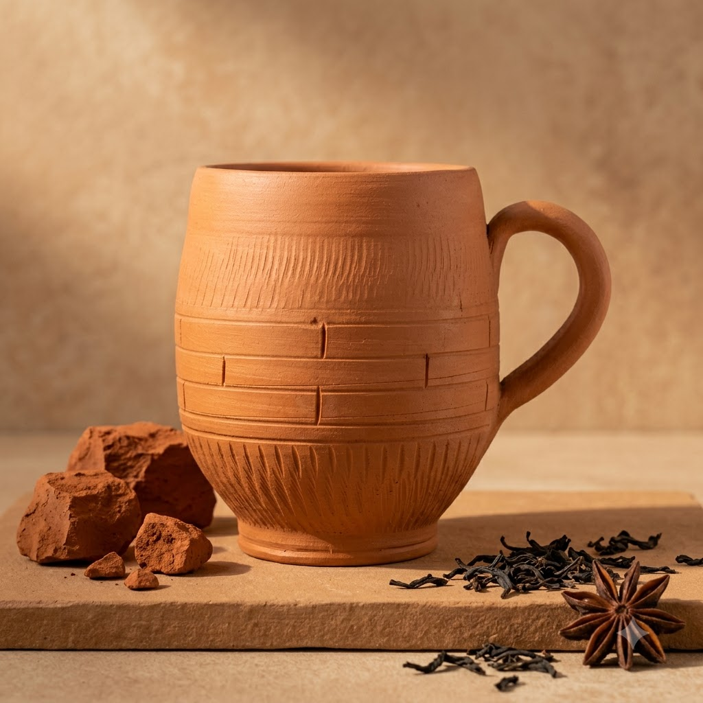 Terracotta Coffee Mug — Handmade Clay Barrel Mug with Carved Texture