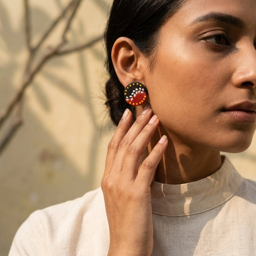 Terracotta Stud Earrings — Hand-Painted Folk Art Clay Studs in Black & Red