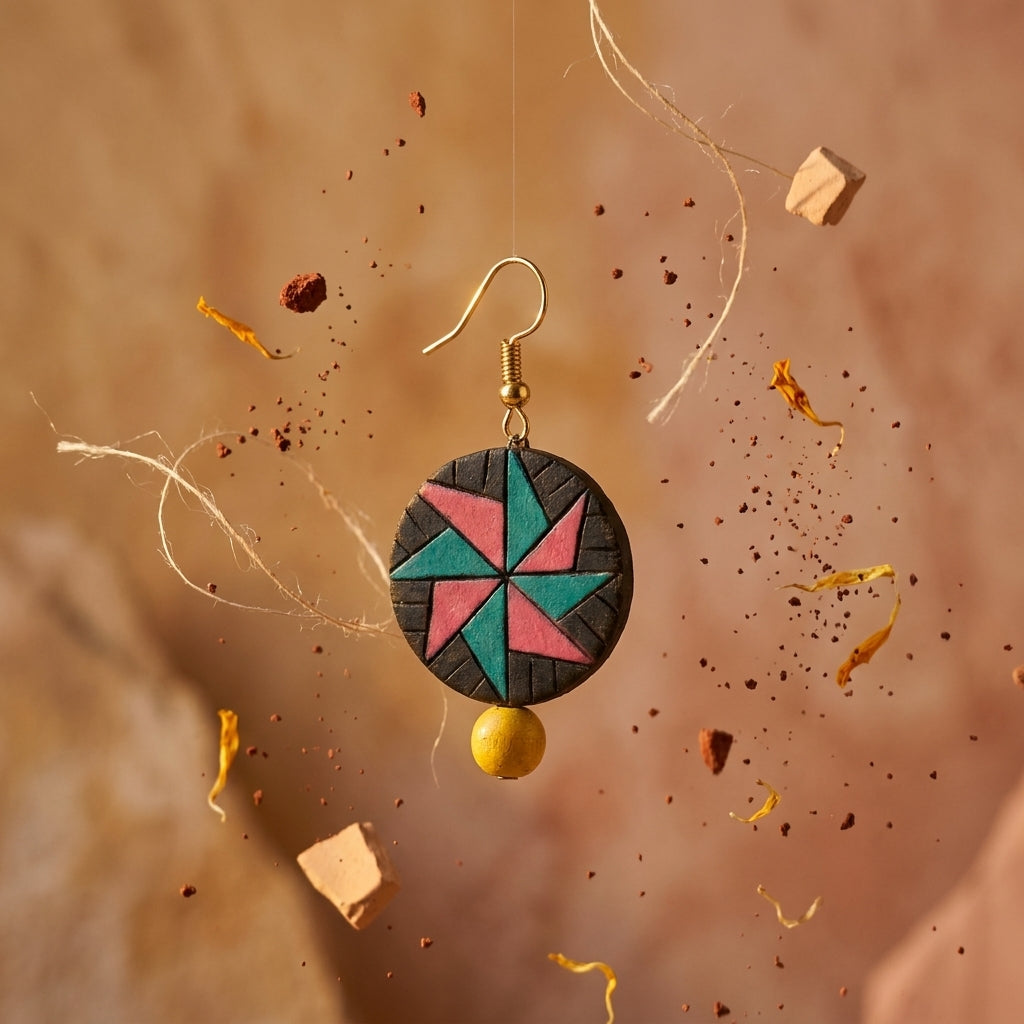 Terracotta Drop Earrings — Geometric Star Clay Disc with Yellow Bead Drop