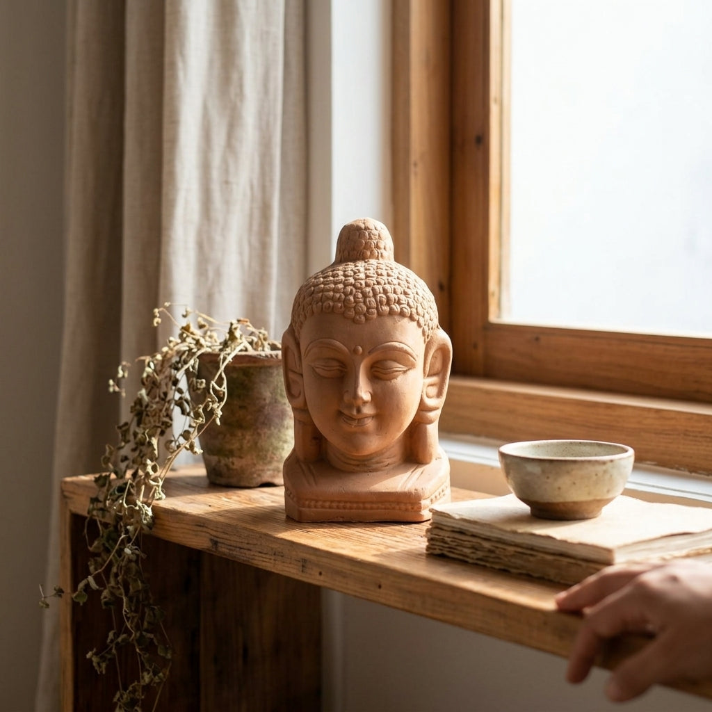 Terracotta Buddha Head — Handcrafted Clay Sculpture for Home & Meditation