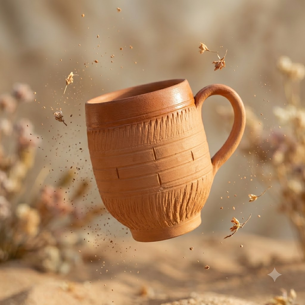 Terracotta Coffee Mug — Glazed Clay Mug with Hand-Carved Texture