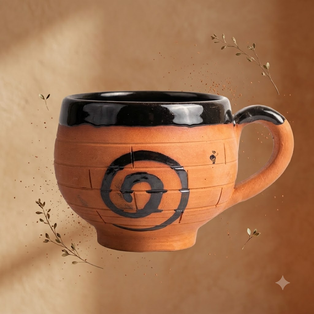 Terracotta Coffee Cup — Black Glazed Clay Cup with Hand-Painted Spiral
