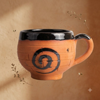 Terracotta Coffee Cup — Black Glazed Clay Cup with Hand-Painted Spiral