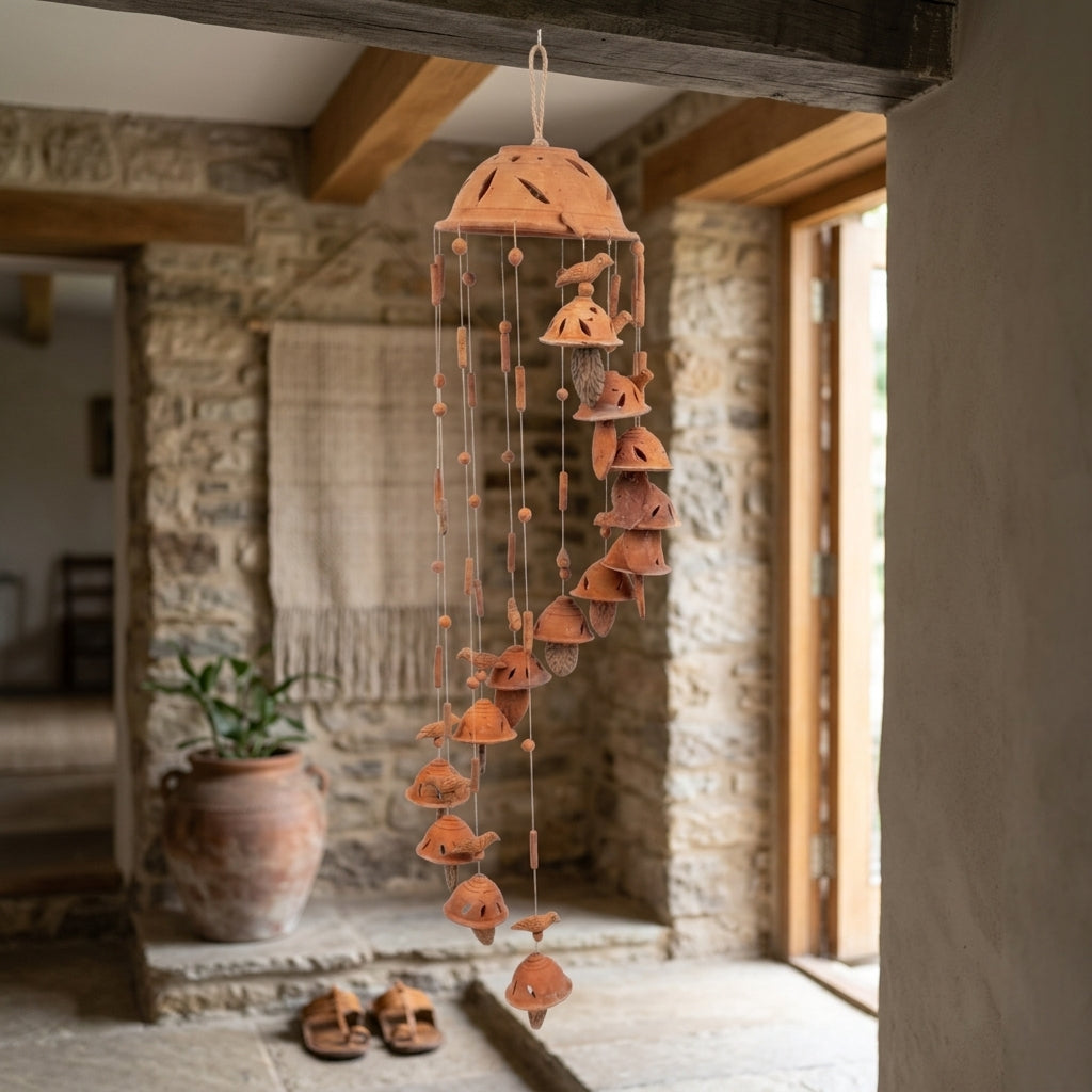 Terracotta Wind Chime — Handcrafted Clay Bell Wind Chime with Bird Motifs