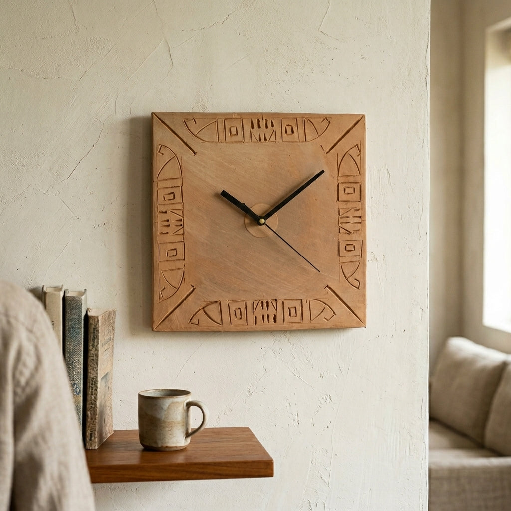 Terracotta Wall Clock — Handcrafted Clay Clock with Ancient Indus Script Border