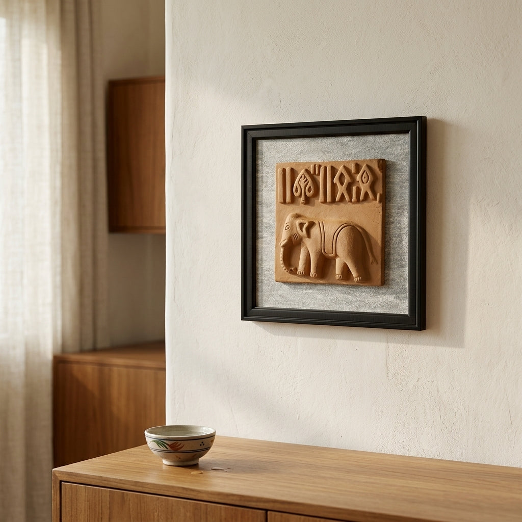 Terracotta Elephant Seal Wall Plaque — Framed Clay Folk Art Relief
