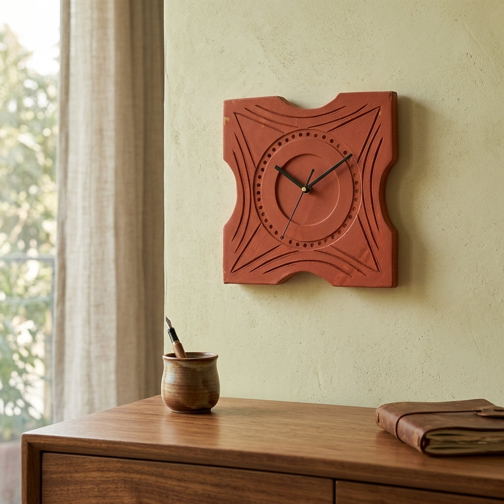 Terracotta Geometric Wall Clock — Curved Square with Arc & Dot Pattern
