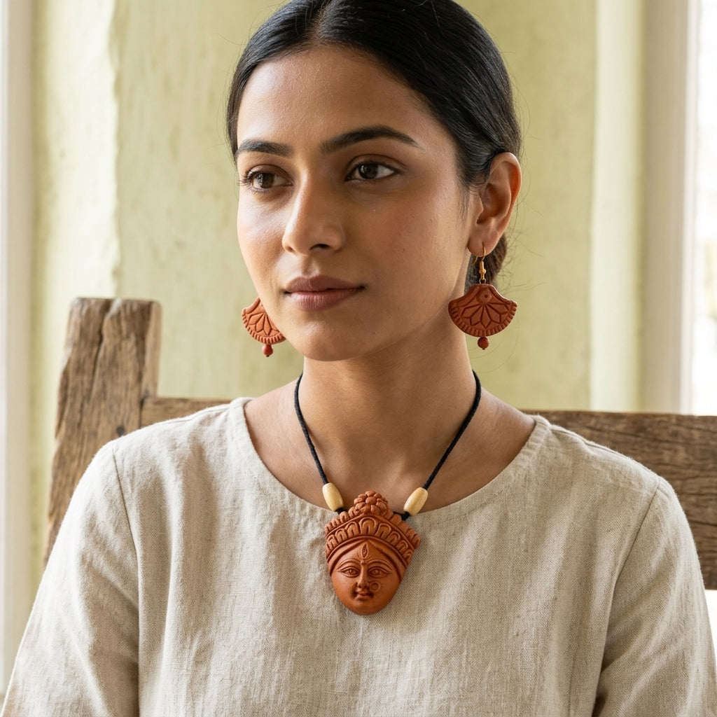 Terracotta Goddess Pendant Necklace — Hand-Sculpted Clay Devi Face