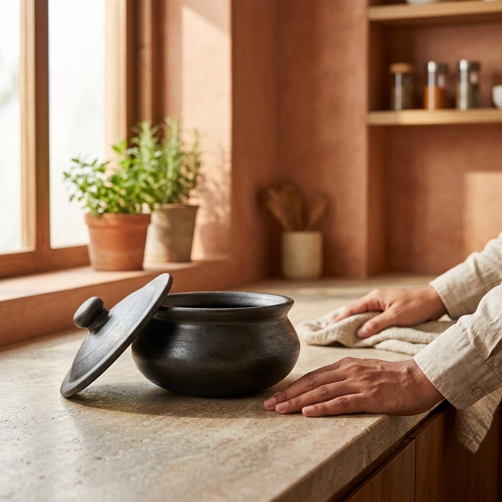 Black Clay Cooking Pot with Lid — Handcrafted Natural Black Pottery
