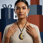 Terracotta Mandala Teardrop Necklace Set — Black Clay with Sunflower Folk Art Pendant & Earrings