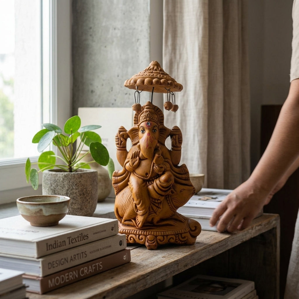 Terracotta Ganesha Statue — Handcrafted Clay Ganesha with Chatri & Mushak