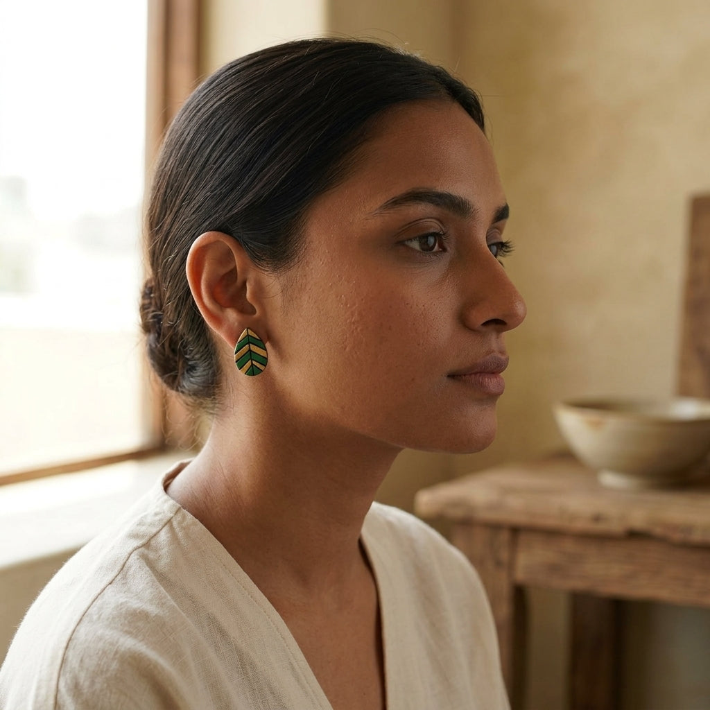 Terracotta Leaf Stud Earrings — Hand-Painted Green & Gold Clay Earrings