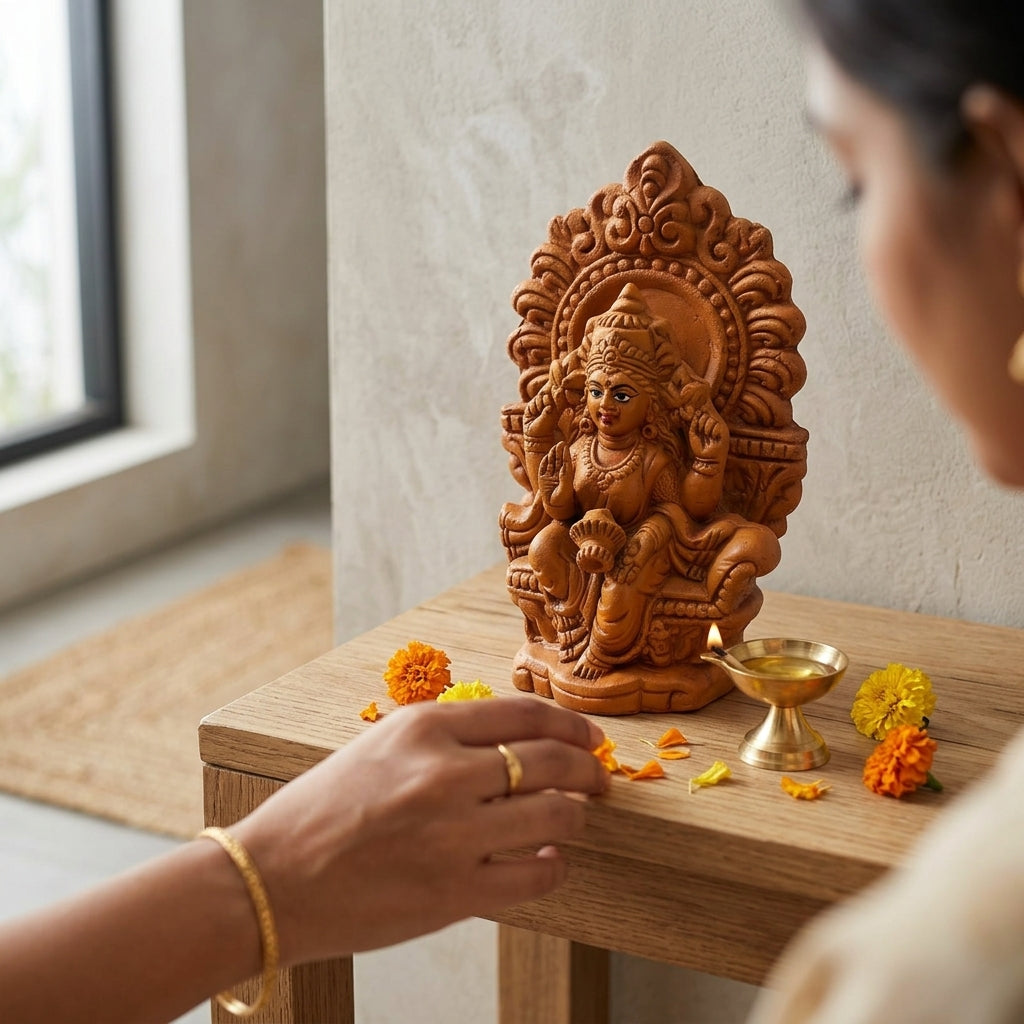 Terracotta Lakshmi Statue — Handcrafted Clay Goddess Lakshmi with Decorative Prabhavali