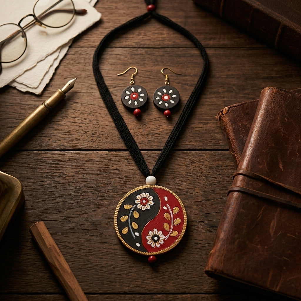 Terracotta Yin-Yang Necklace Set — Hand-Painted Floral Round Pendant & Earrings