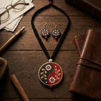 Terracotta Yin-Yang Necklace Set — Hand-Painted Floral Round Pendant & Earrings