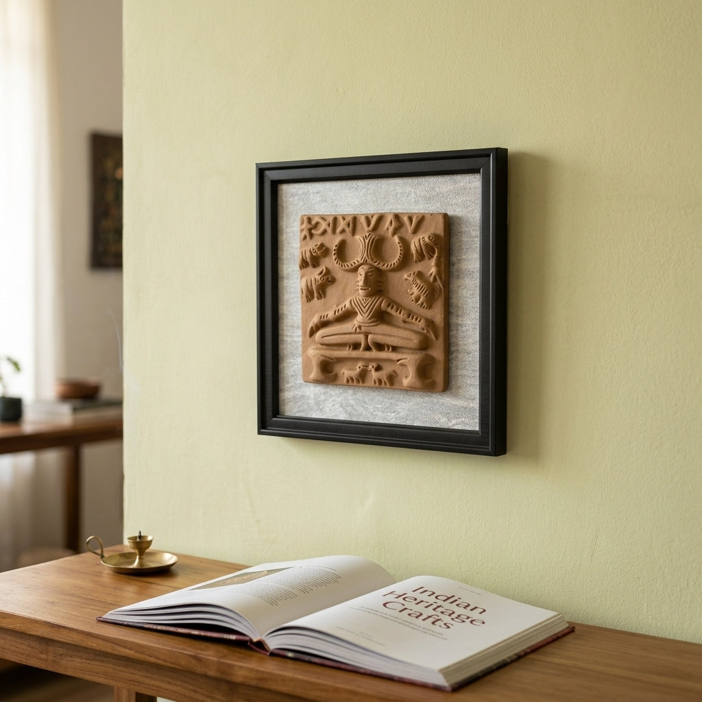 Terracotta Deity Wall Art — Framed Indus Valley Figure Relief Plaque