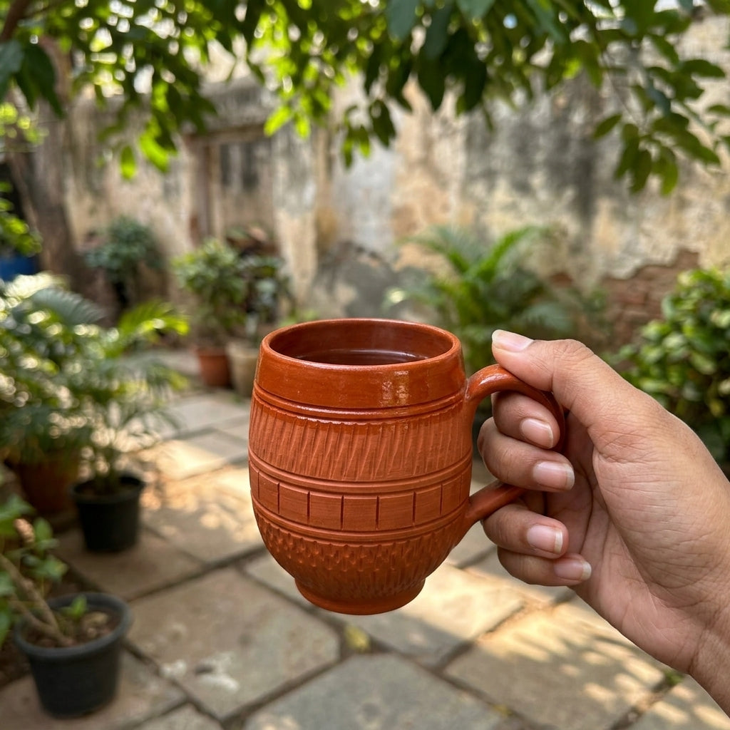 Terracotta Coffee Mug — Handmade Clay Barrel Mug with Woven Texture