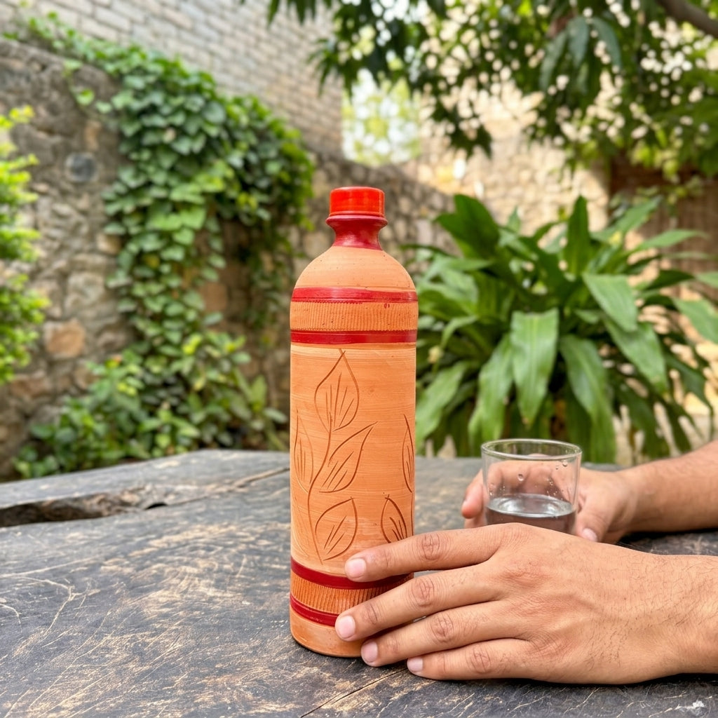 Terra Earth Elixir — Handmade Terracotta Water Bottle with Leaf Carving