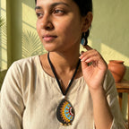 Terracotta Mandala Teardrop Necklace Set — Black Clay with Sunflower Folk Art Pendant & Earrings