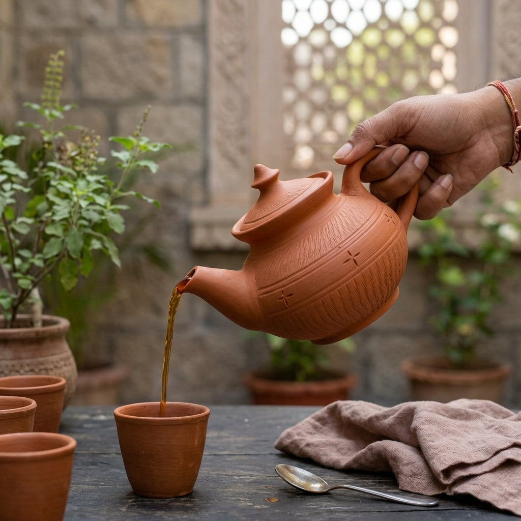 Terracotta Teapot — Handcrafted Clay Kettle with Hand-Engraved Motifs