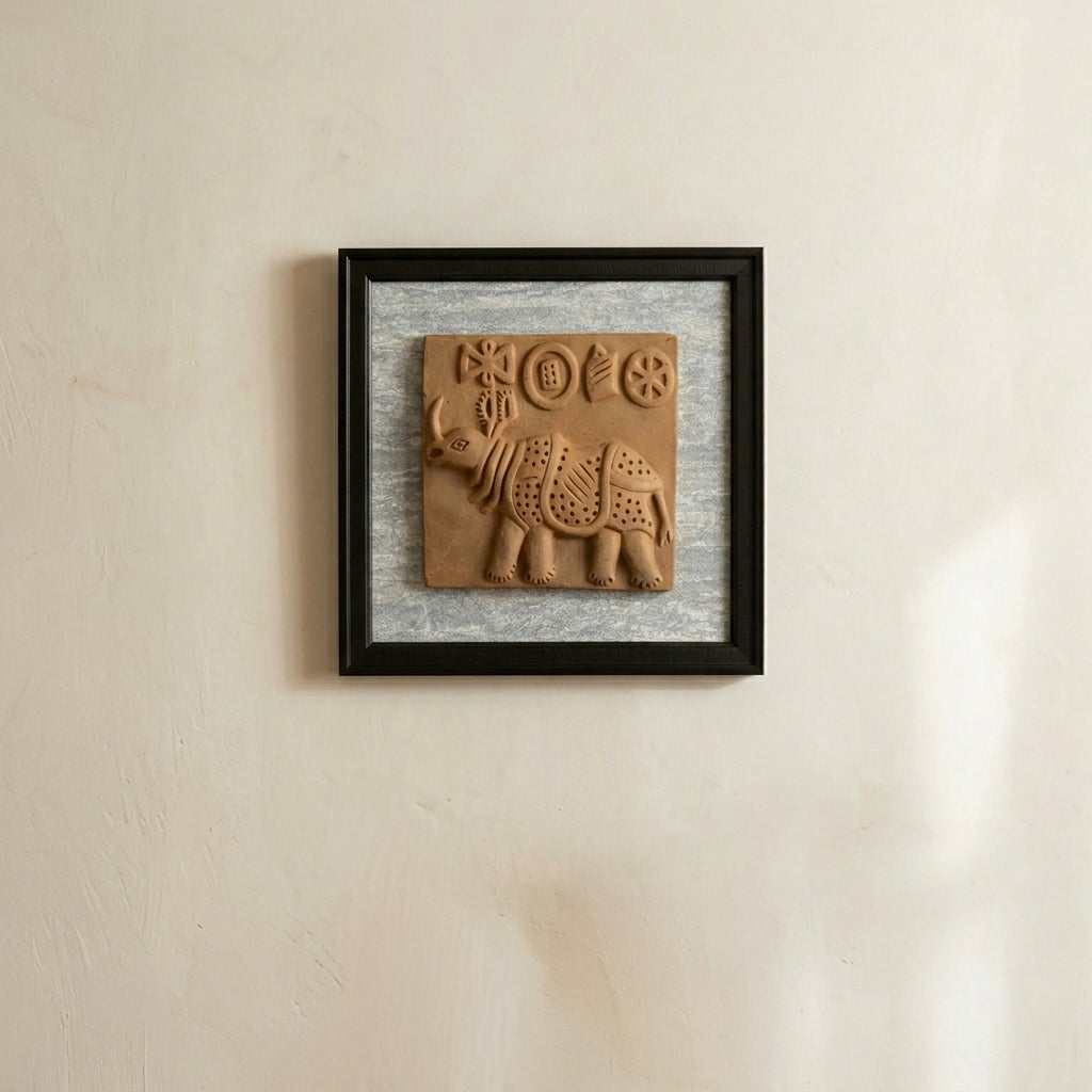 Terracotta Rhinoceros Wall Plaque — Framed Indus Valley Relief Art