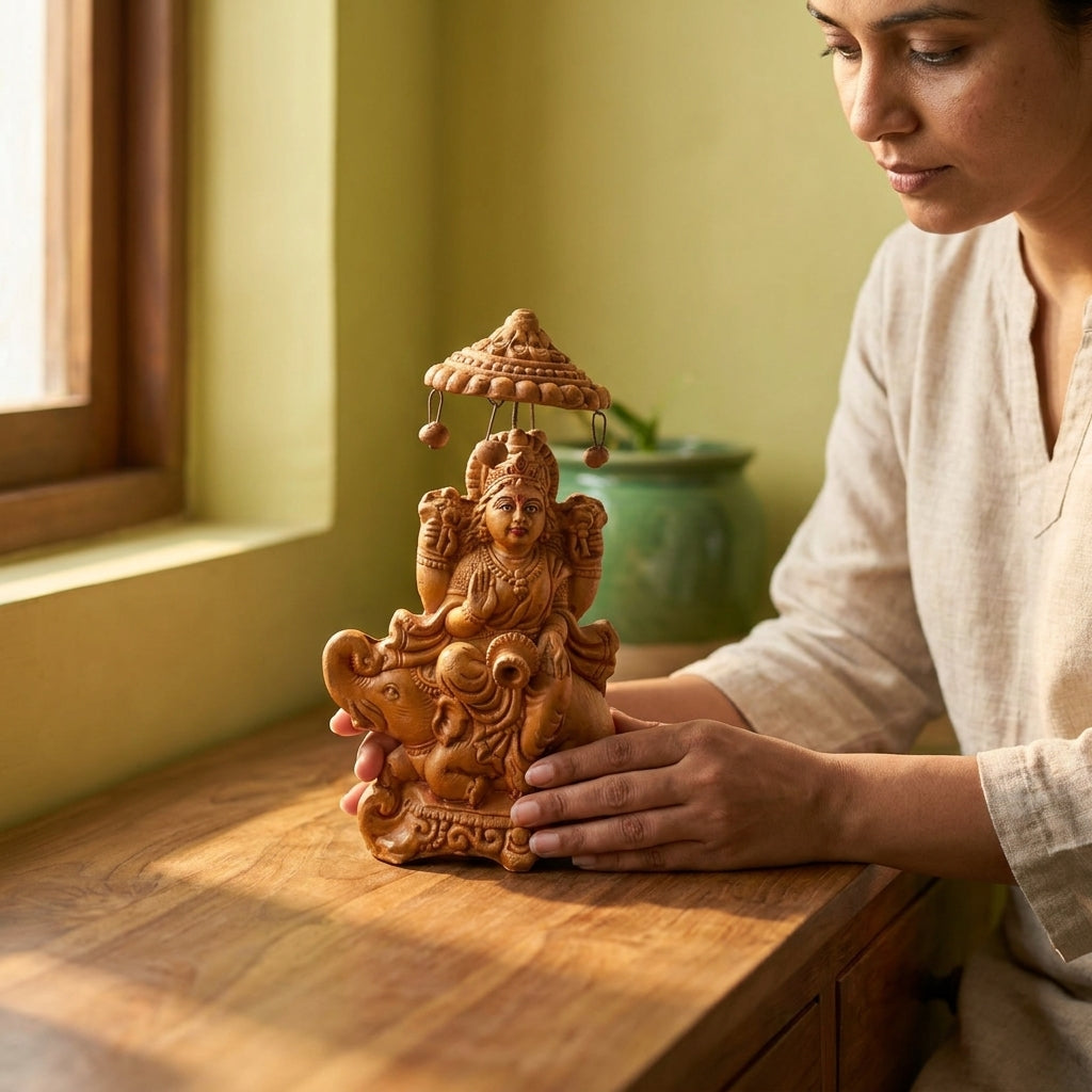 Terracotta Lakshmi Statue — Handcrafted Clay Goddess Lakshmi with Chatri on Elephant