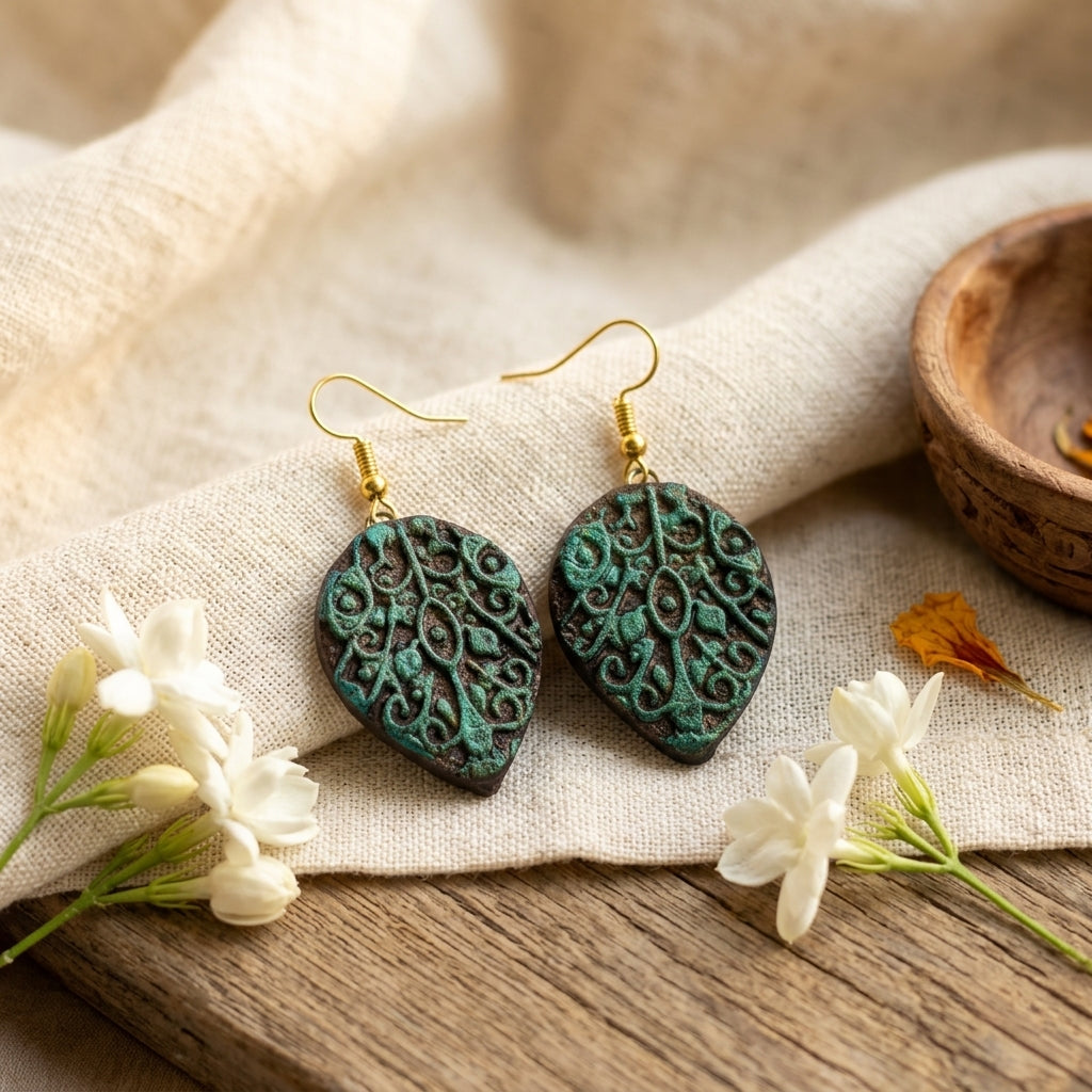 Terracotta Drop Earrings — Filigree Carved Clay Disc with Gold Hooks