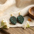 Terracotta Drop Earrings — Filigree Carved Clay Disc with Gold Hooks