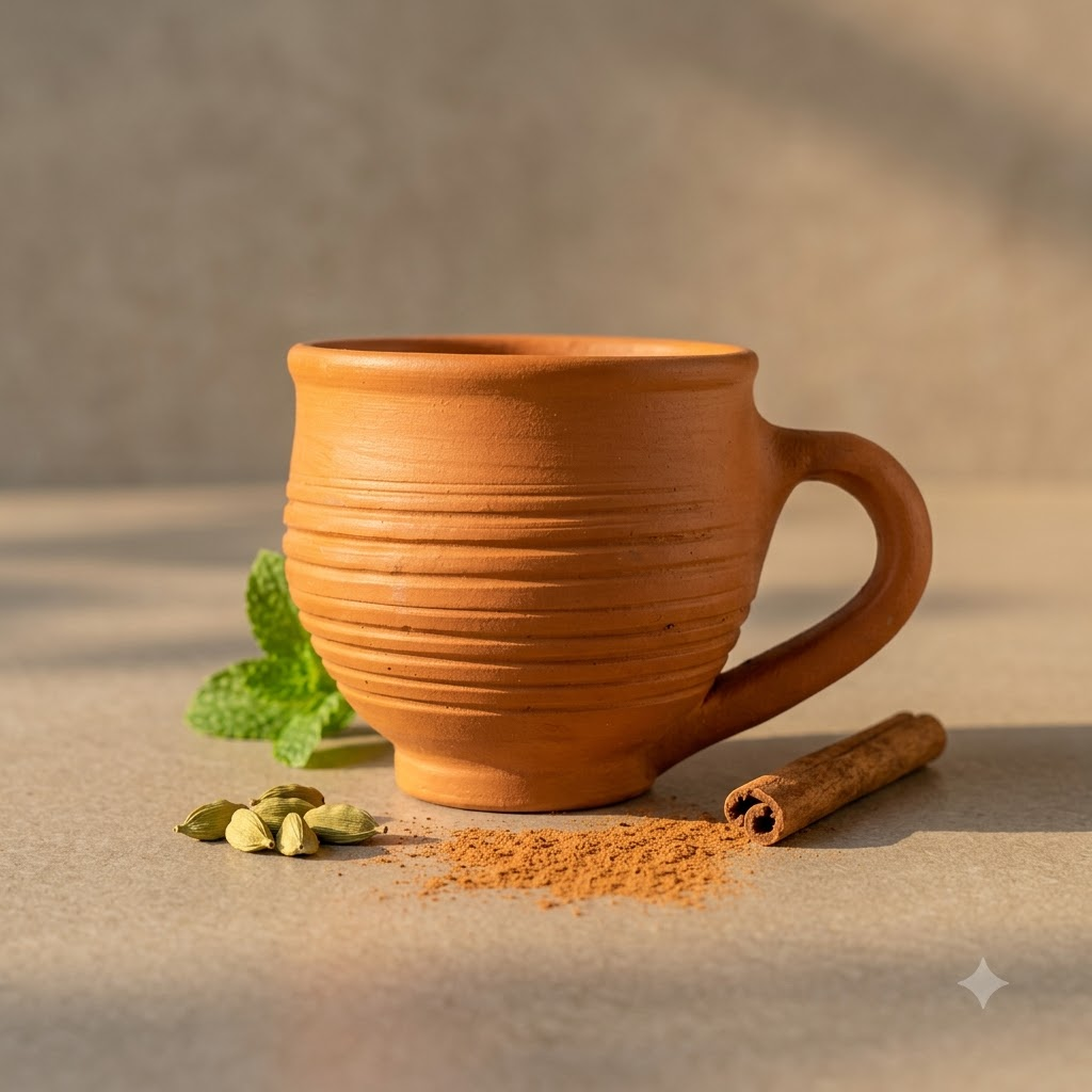 Terracotta Coffee Cup — Handmade Clay Cup with Spiral Ridged Body