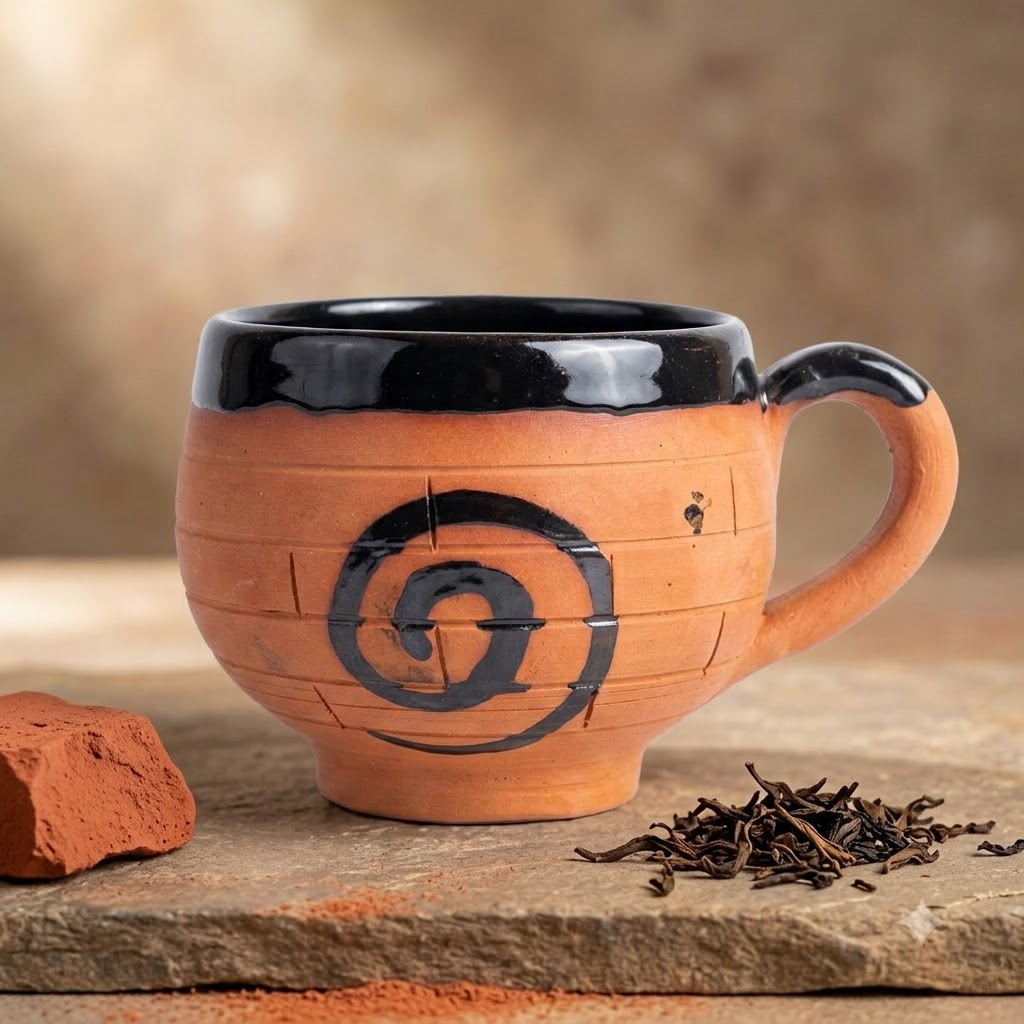 Terracotta Coffee Cup — Black Glazed Clay Cup with Hand-Painted Spiral
