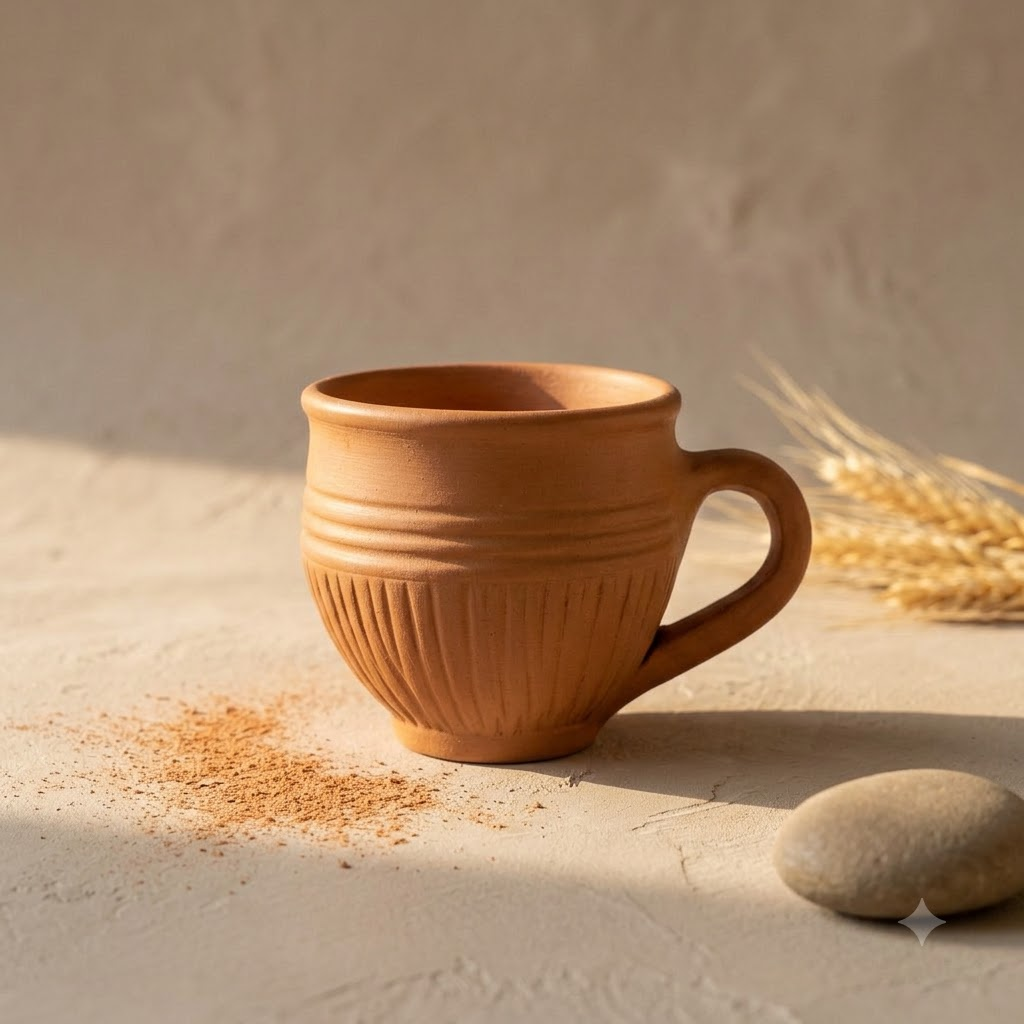 Terracotta Coffee Cup — Handmade Clay Cup with Fluted Body
