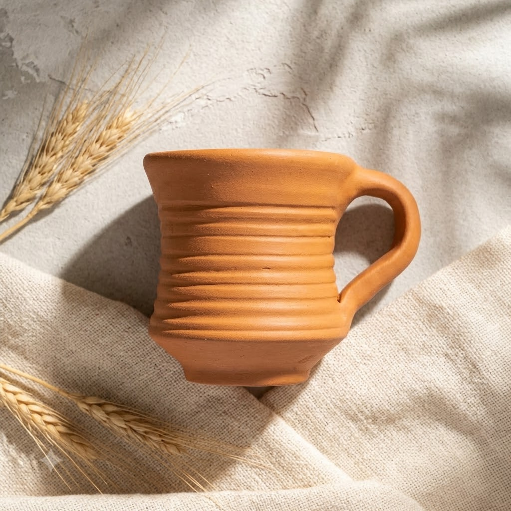 Terracotta Coffee Cup — Handmade Clay Cup with Flared Ribbed Neck