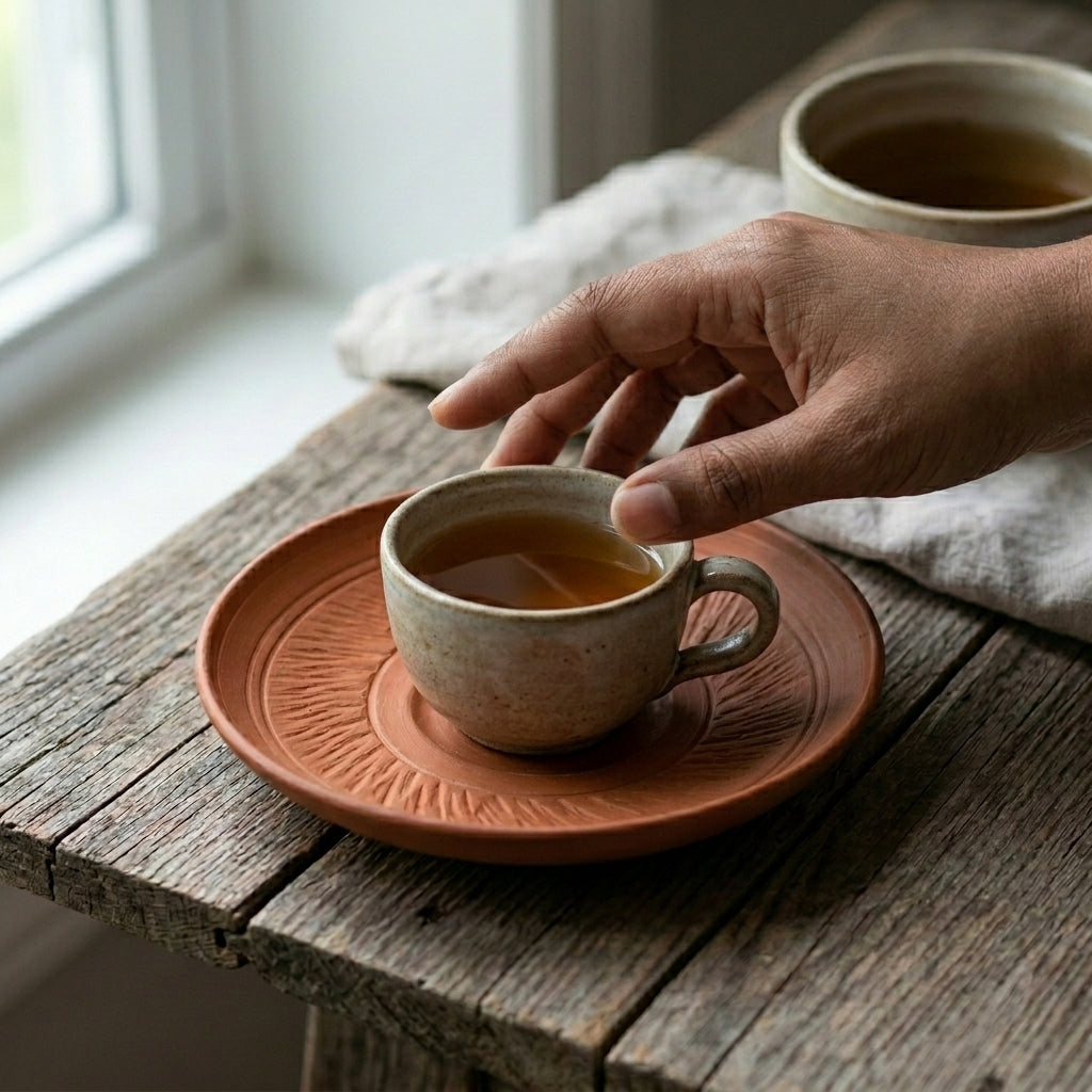 Terracotta Saucer — Handmade Natural Clay Cup Plate with Sun Ray Engraving