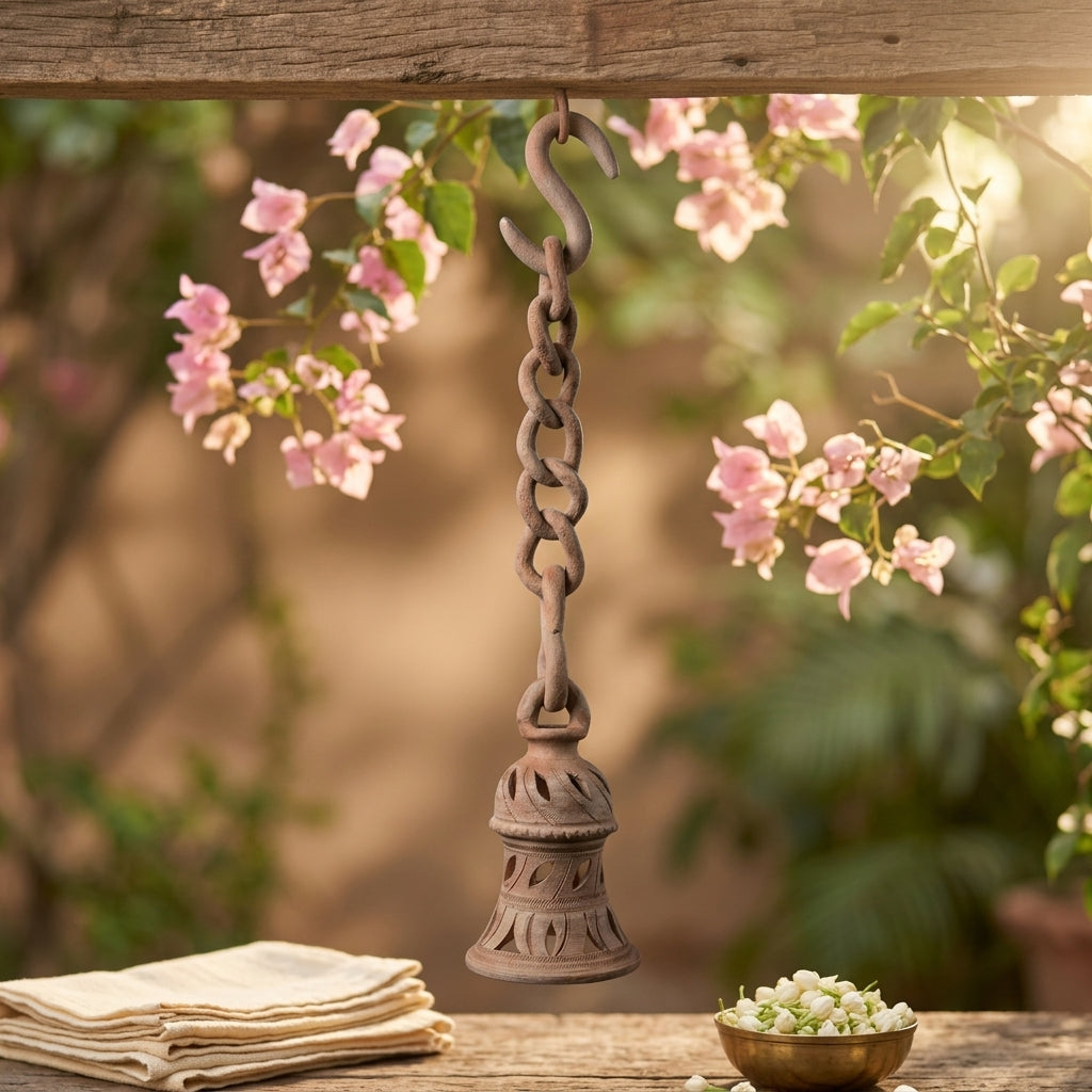 Terracotta Hanging Bulb Holder — Hand-Carved Clay Pendant with Chain & S-Hook