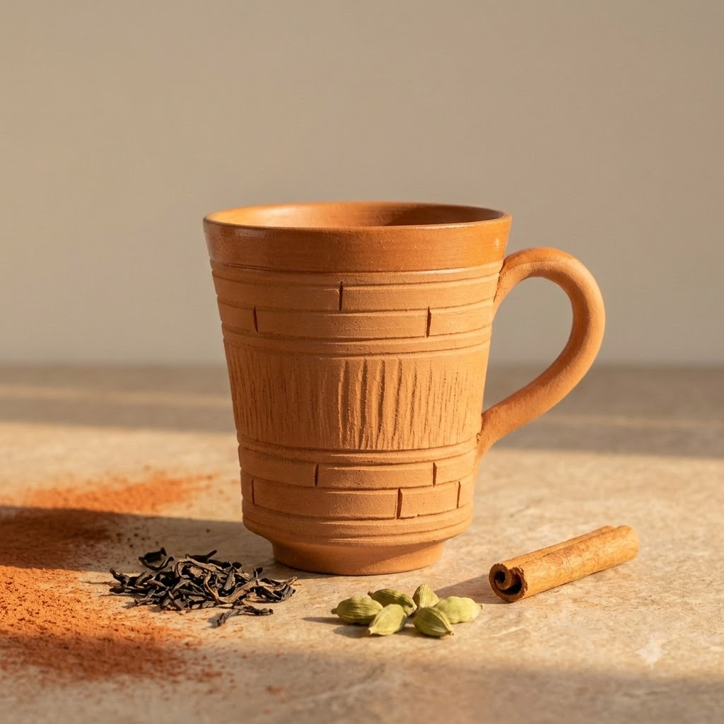 Terracotta Coffee Mug — Amber Glazed Clay Mug with Woven Texture