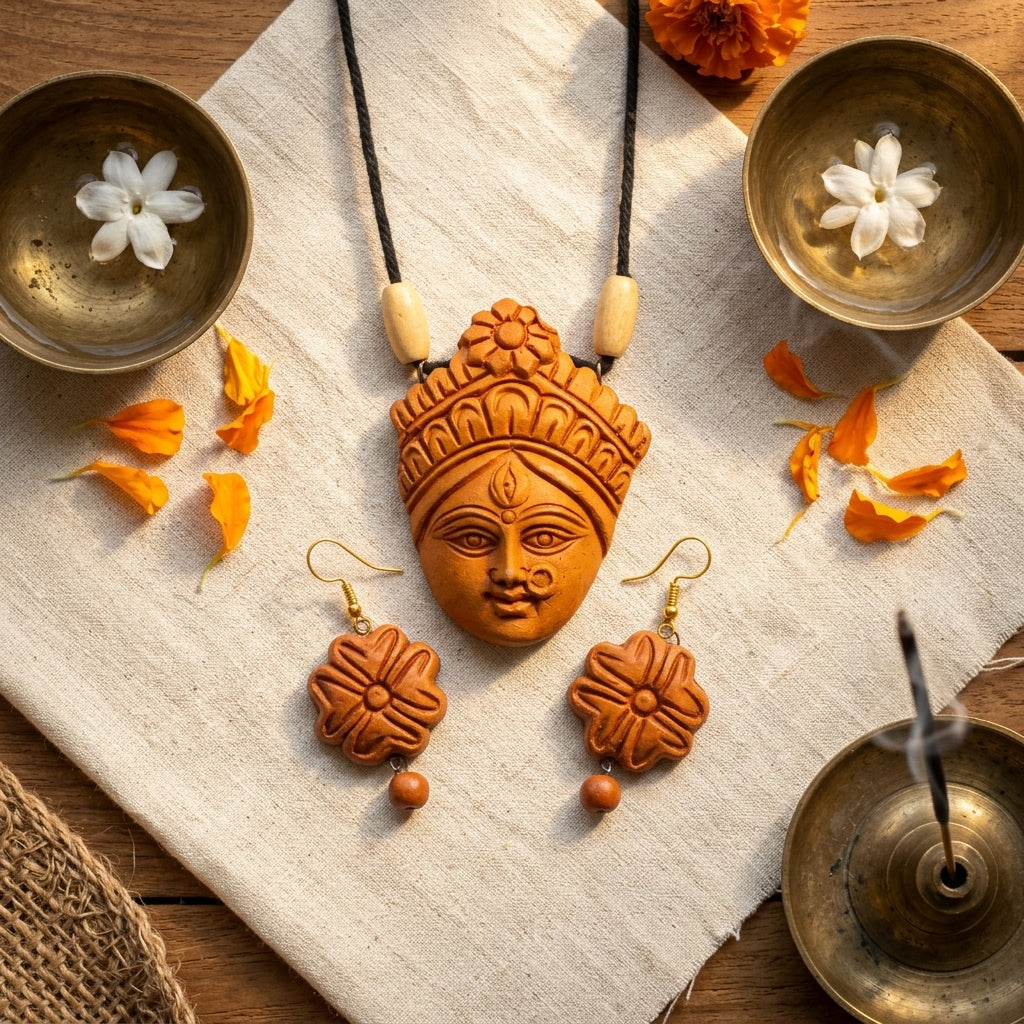 Terracotta Goddess Pendant Necklace — Hand-Sculpted Clay Devi Face