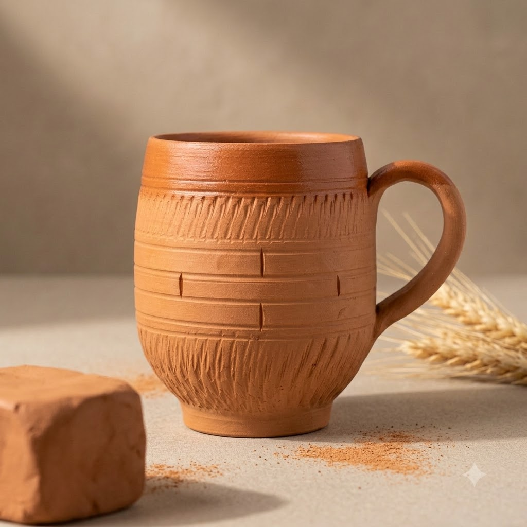 Terracotta Coffee Mug — Glazed Clay Mug with Hand-Carved Texture