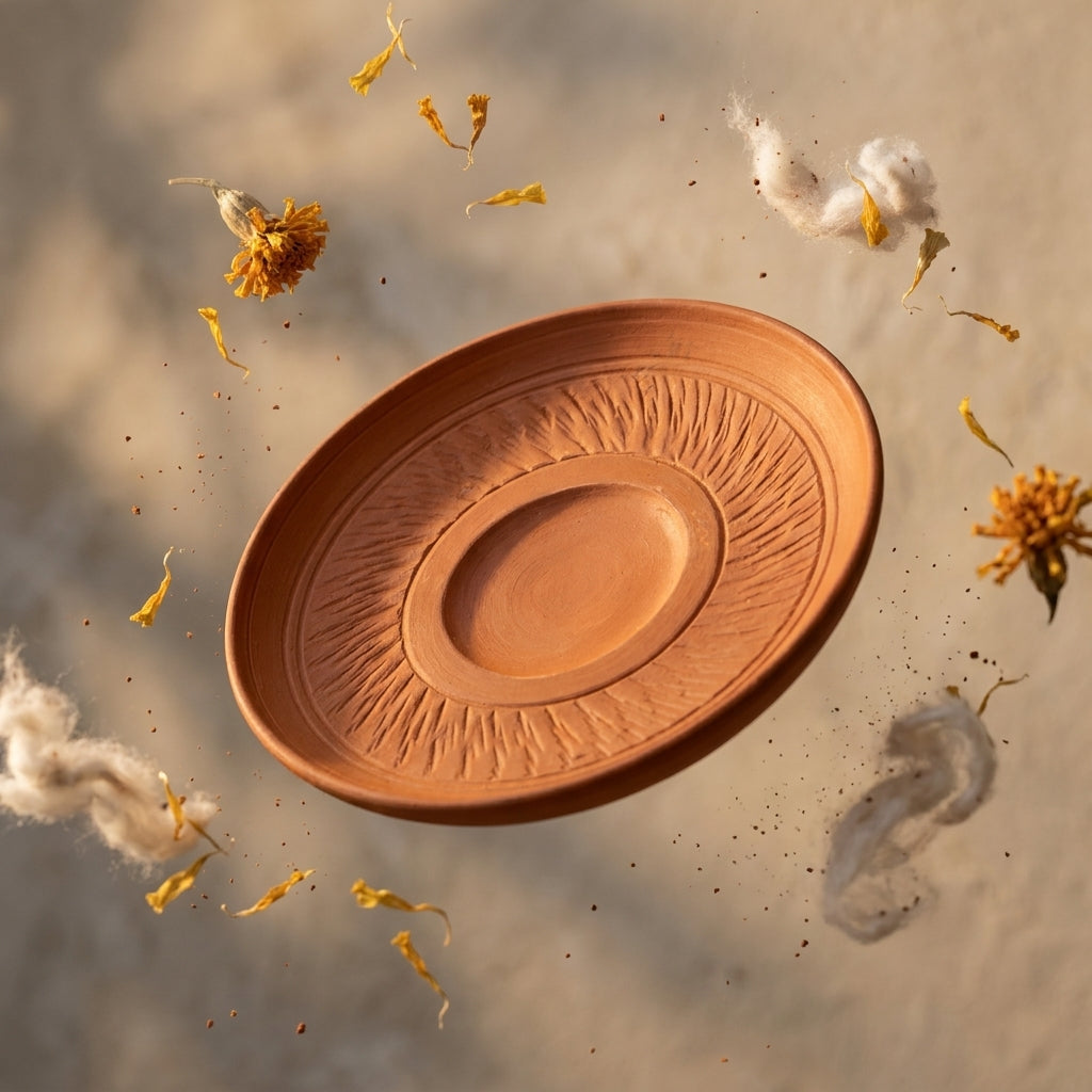 Terracotta Saucer — Handmade Natural Clay Cup Plate with Sun Ray Engraving