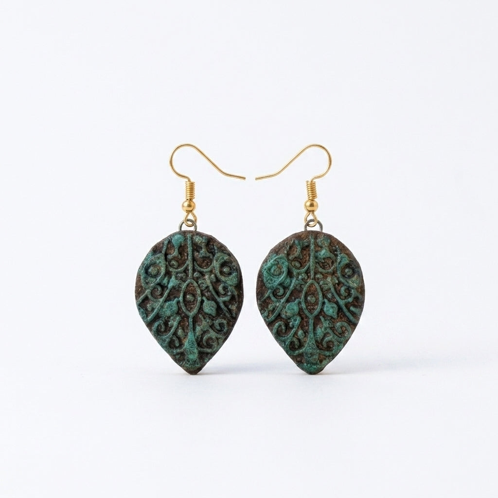 Terracotta Drop Earrings — Filigree Carved Clay Disc with Gold Hooks