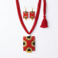 Terracotta Red Sunflower Necklace Set — Handcrafted Clay Square Pendant & Earrings