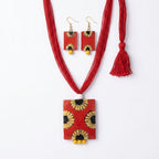 Terracotta Red Sunflower Necklace Set — Handcrafted Clay Square Pendant & Earrings