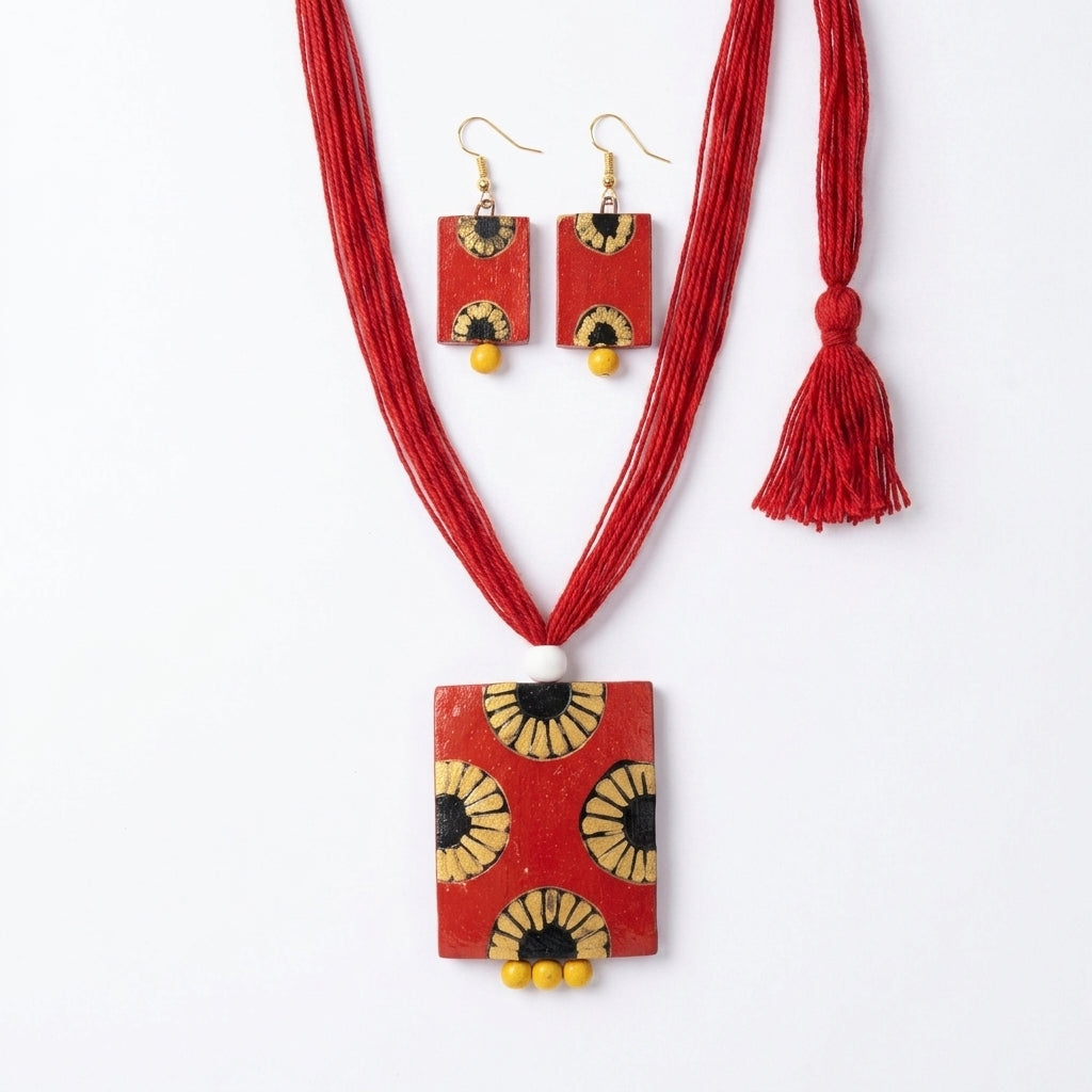 Terracotta Red Sunflower Necklace Set — Handcrafted Clay Square Pendant & Earrings