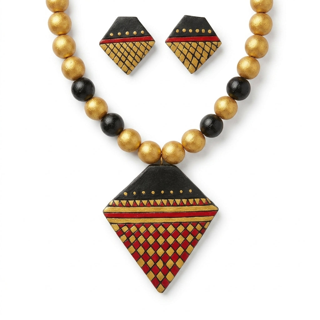 Terracotta Diamond Necklace Set — Gold Lattice Pendant & Matching Stud Earrings