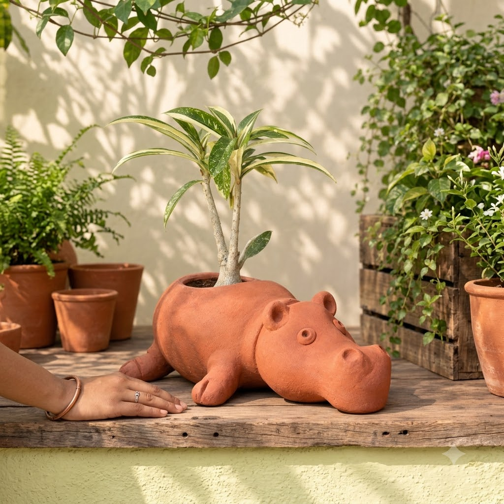 Terracotta Hippo Planter - Handcrafted terracotta earthenware by Soul Of Soil - View 4